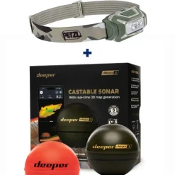 DEEPER Électronique-Pack Chirp+ 3D sondeur sans fil avec GPS et création carto 3D + Lampe Frontale Petzl Aria 1 Camo